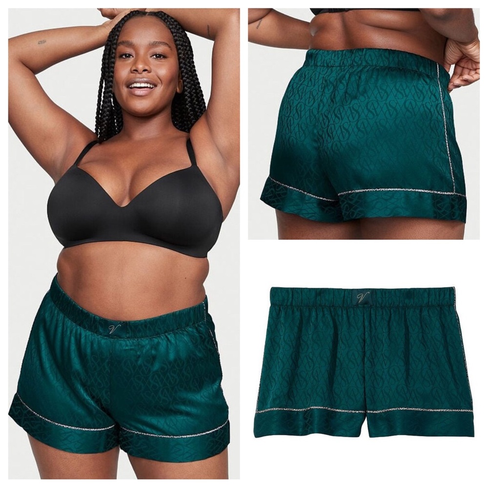 Vs Victorias Secret Satin Sleep Pajama Short Shortie Deepest Green/ Leopard XXL